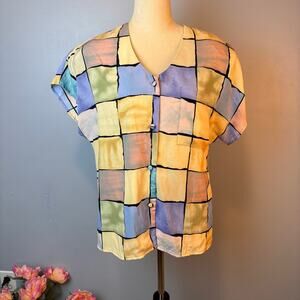 Vintage Le Caviar Artsy Pastel Blocked Button Up Blouse Women's Medium